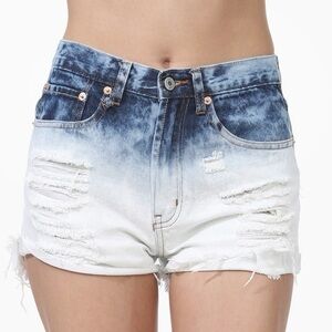 Chic Ombre dip dye ripped blue denim jean shorts frayed hem size 2